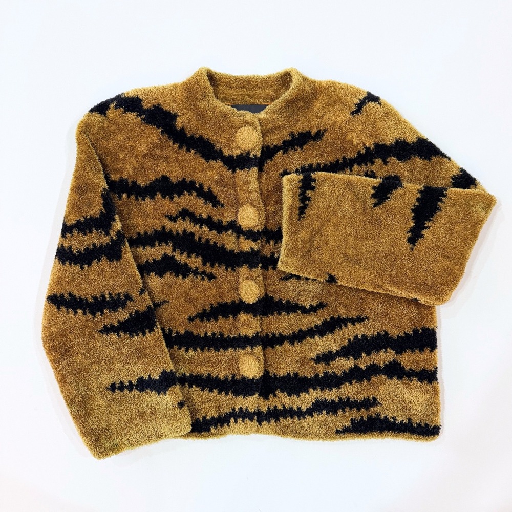 Michael Simon Vintage 90s Tiger Stripe Fuzzy Cardigan Sweater Gold Black M